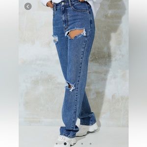 Mid blue wash ripped long leg jeans size 6